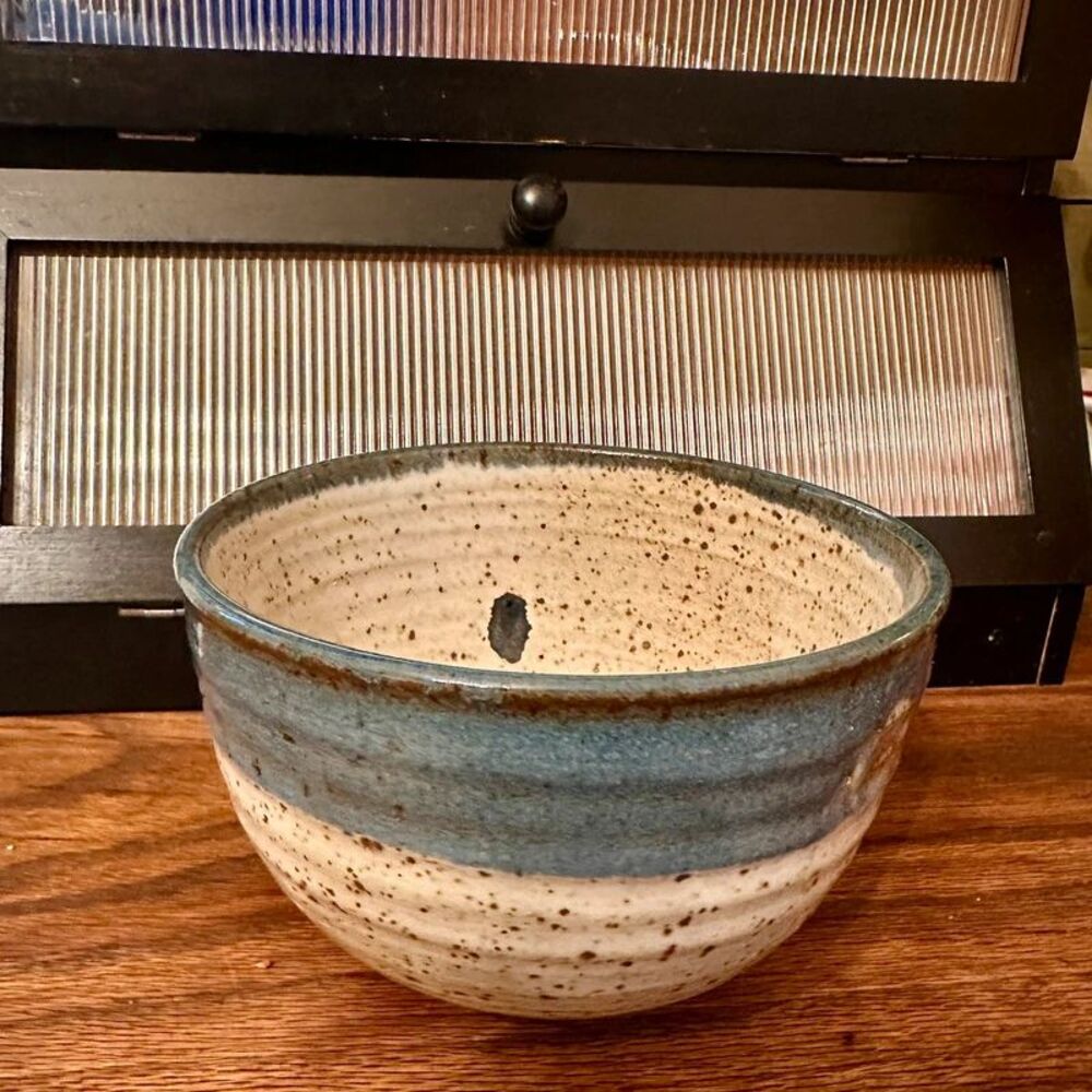 Stoneware Bowl Speckled Blue Gray Band Rustic Handmade Pottery Serving Bowl